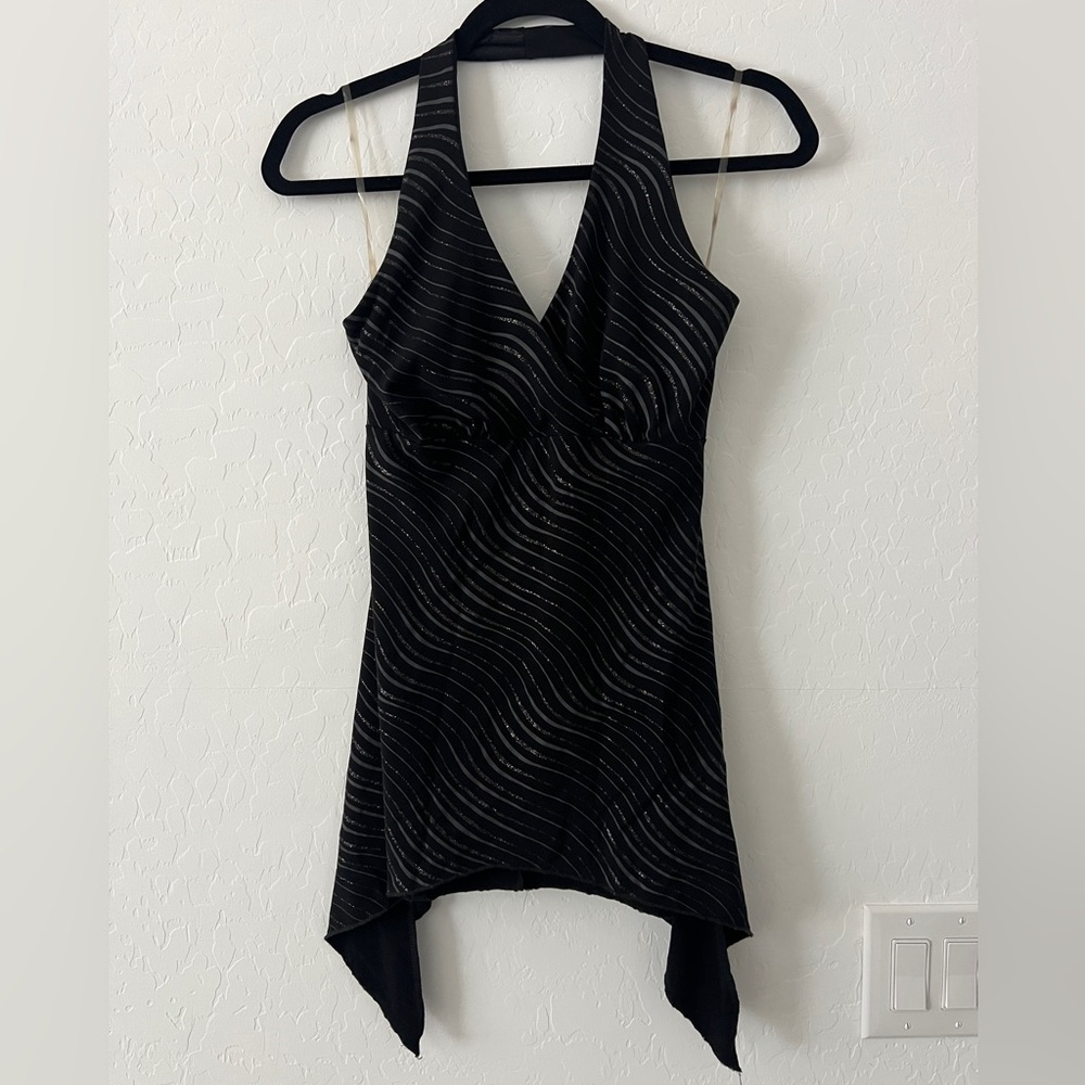 Charlotte Russe Halter Top Black Striped Glitter Handkerchief Hem Vintage Y2K